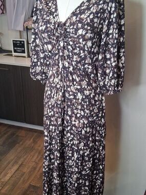 FatFace Libby Black Patterned Midi Dress UK 10 US 6 Boho Dappled Abstract